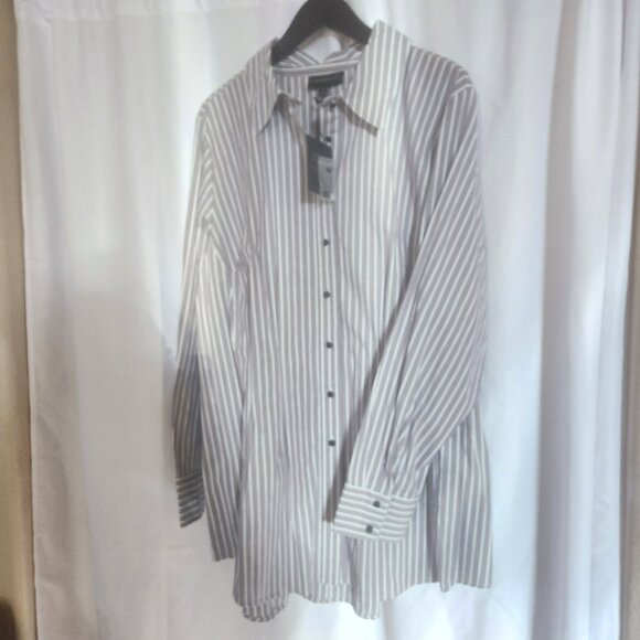 Lane Bryant NWT Wide Pinstripe Gray w/ white stripes cotton long tunic w/ bow - Picture 1 of 10